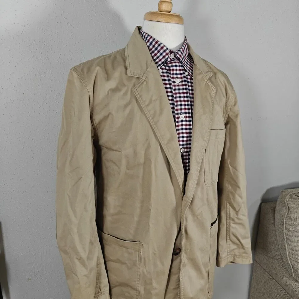 Duluth Trading Co. Mens Sport Coat Blazer Two Button Solid Beige Cotton Heavy LG
